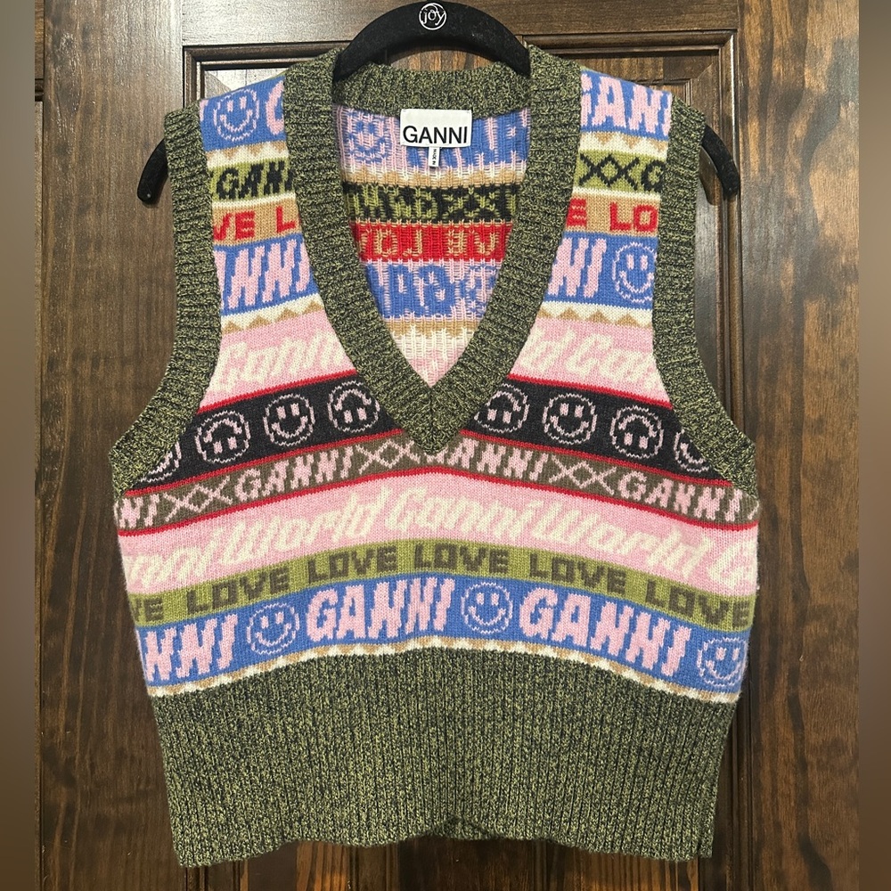 Ganni Colorful Knit Vest with Pink, Blue, and Green